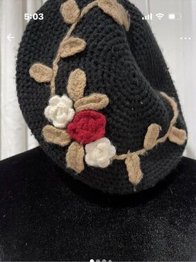 Fair Weather Black Crochet Floral Beret with Red & White Accents